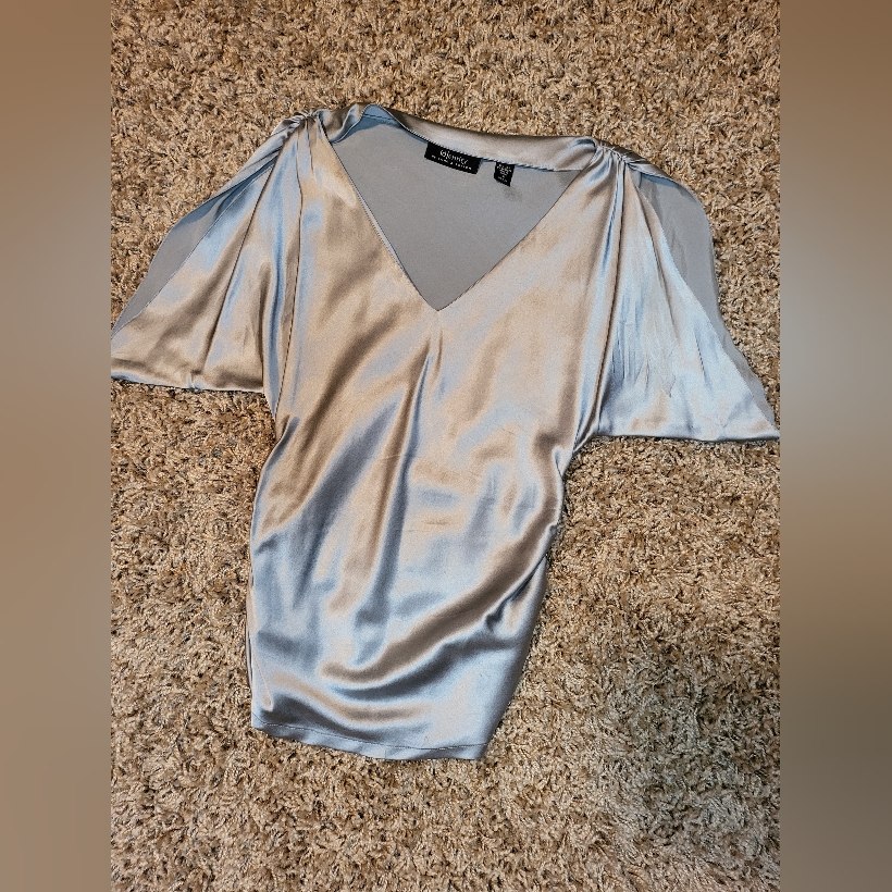 -Lord & Taylor Satin Blouse-Short Sleeves-Tapered/Gathered Side Waist Lines-S